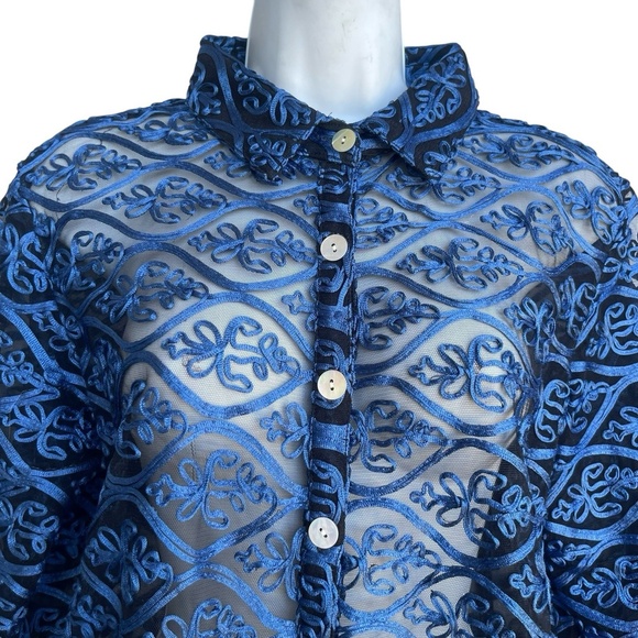 WEAVZ Embroidered Sheer Button-Up Jacket Women's M Blue Long Sleeve Cocktail - Picture 3 of 4